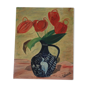 Oil on still life panel, vase with anthuriums