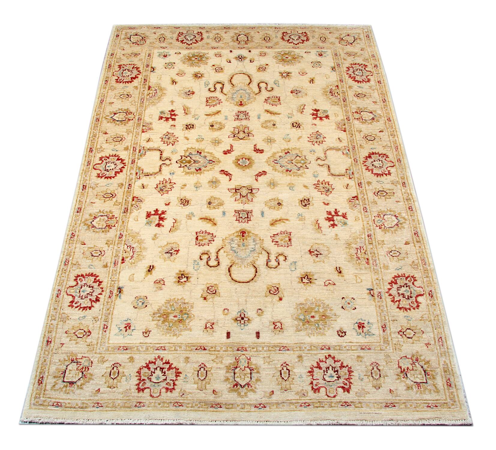 Cream Wool Area Rug, Handwoven Floral Carpet, Traditional Decor 190x128cm