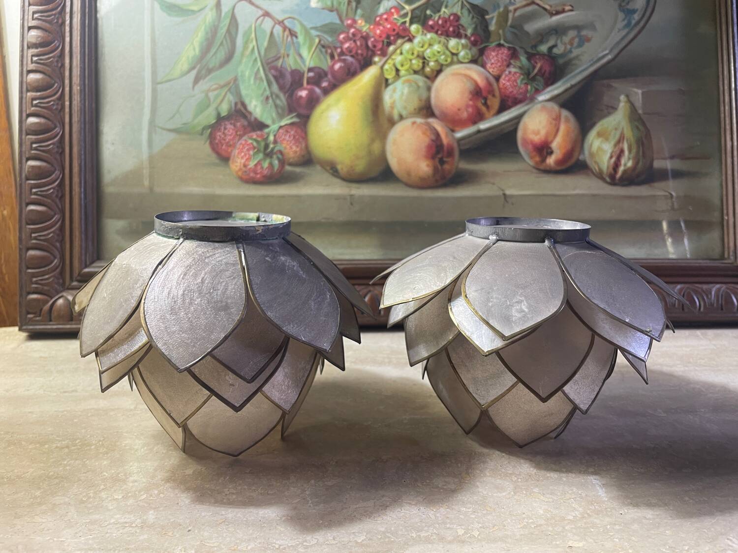 Mother-of-pearl and brass candlesticks