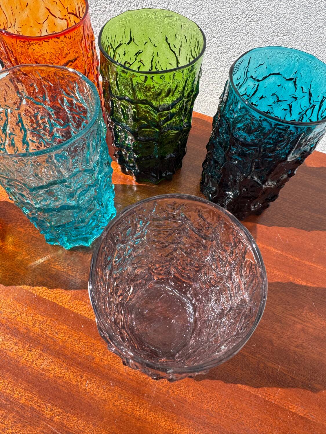 Large multicoloured glasses by Geoffrey Baxter from the 1960s.