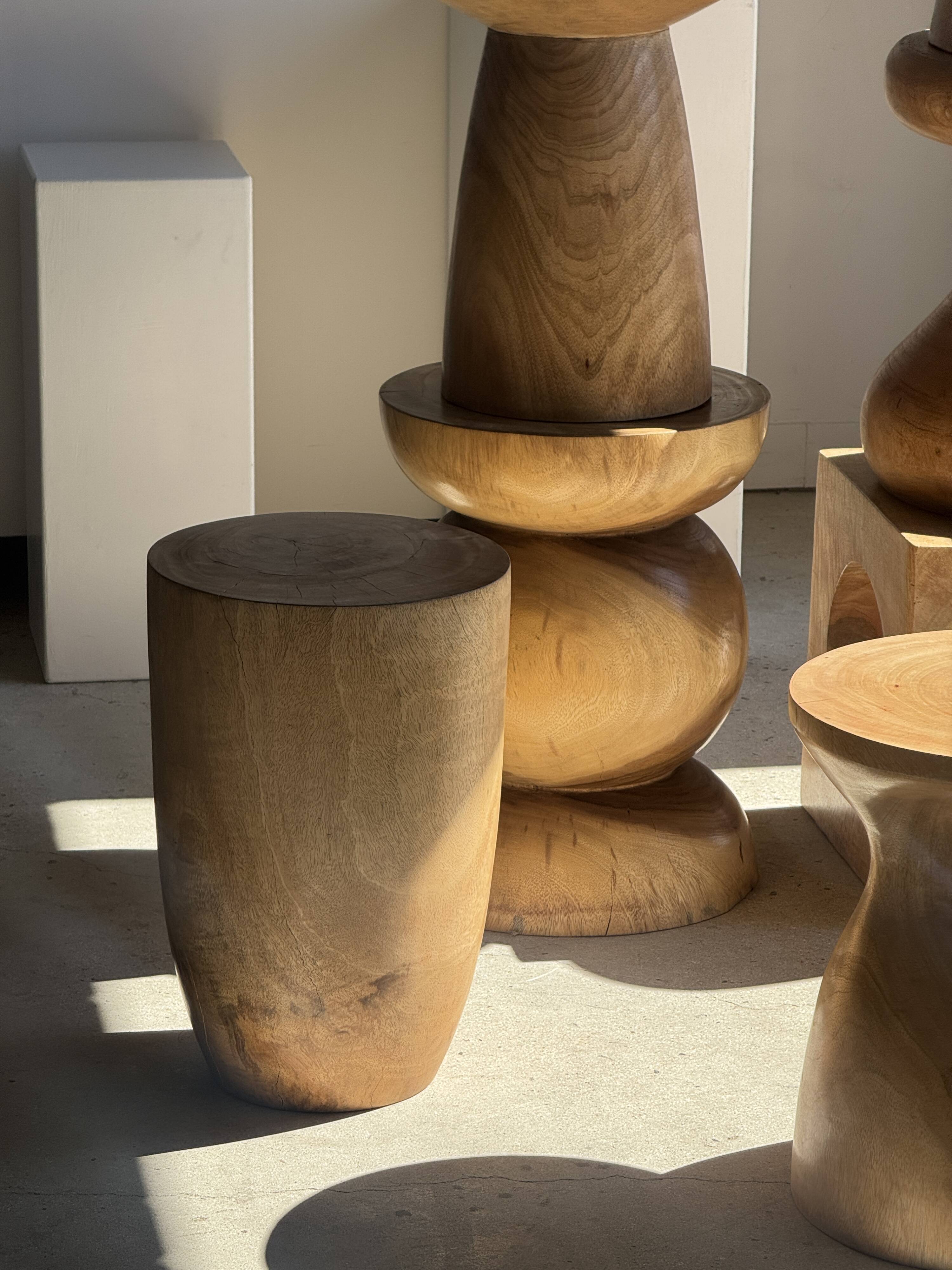 Stool, side table, cylindrical solid mango wood end table.