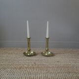 Pair of brass push-button candlestick holders in gold metal, bohemian country decoration