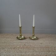 Pair of brass push-button candlestick holders in gold metal, bohemian country decoration