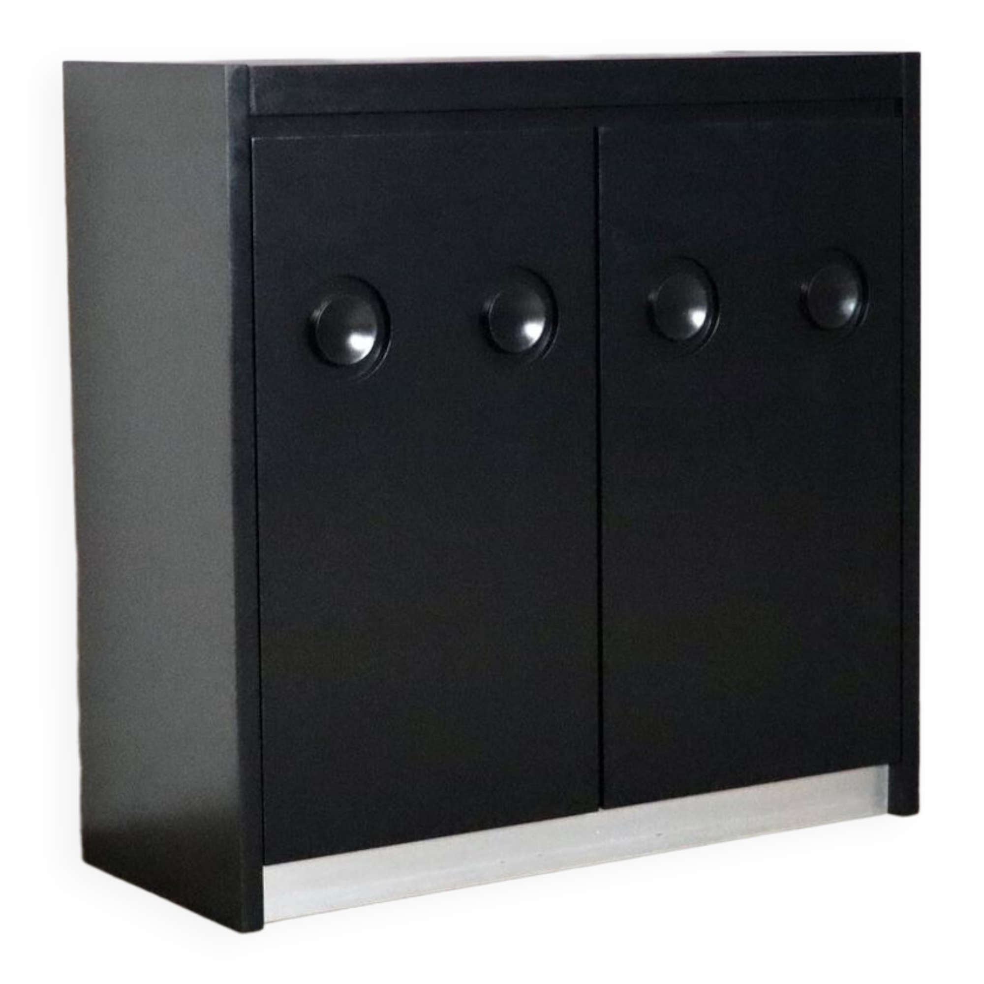 Midcentury Modern Brutalist Highboard Bar Cabinet In Black Lacquered Wood And Chrome, Belgium 1970s
