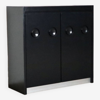 Midcentury Modern Brutalist Highboard Bar Cabinet In Black Lacquered Wood And Chrome, Belgium 1970s