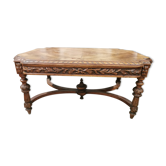 Table basse violoné avec entretoise, décor marqueté en noyer style Louis XIII