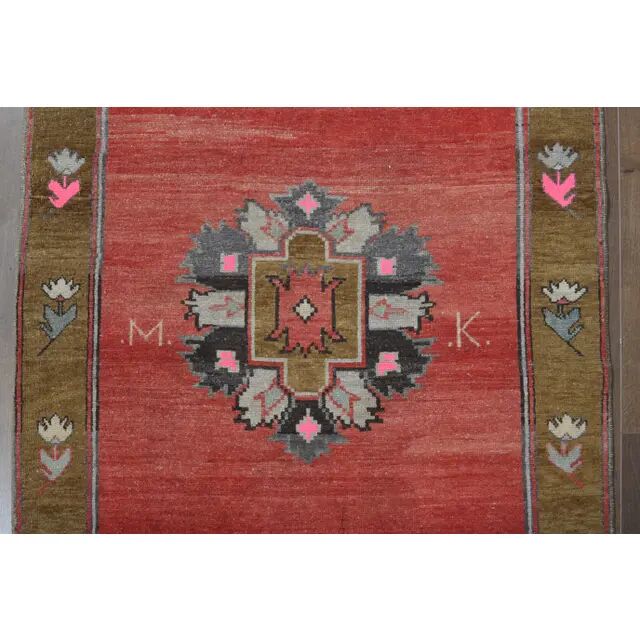 Handmade Turkish Vintage Oushak Runner Rug Pink Green Runner 105x327
