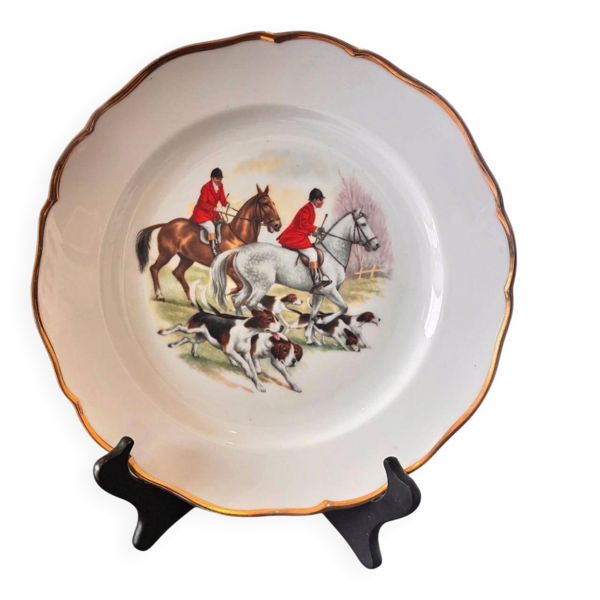 Assiettes de chasse en porcelaine de Limoges vintage - Peintes à la main équestre x 2