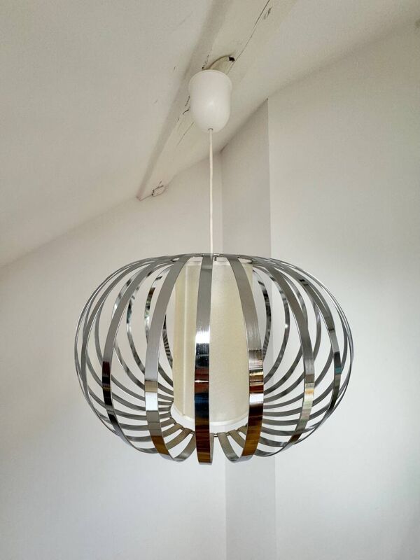 Suspension lustre vintage en inox chromé