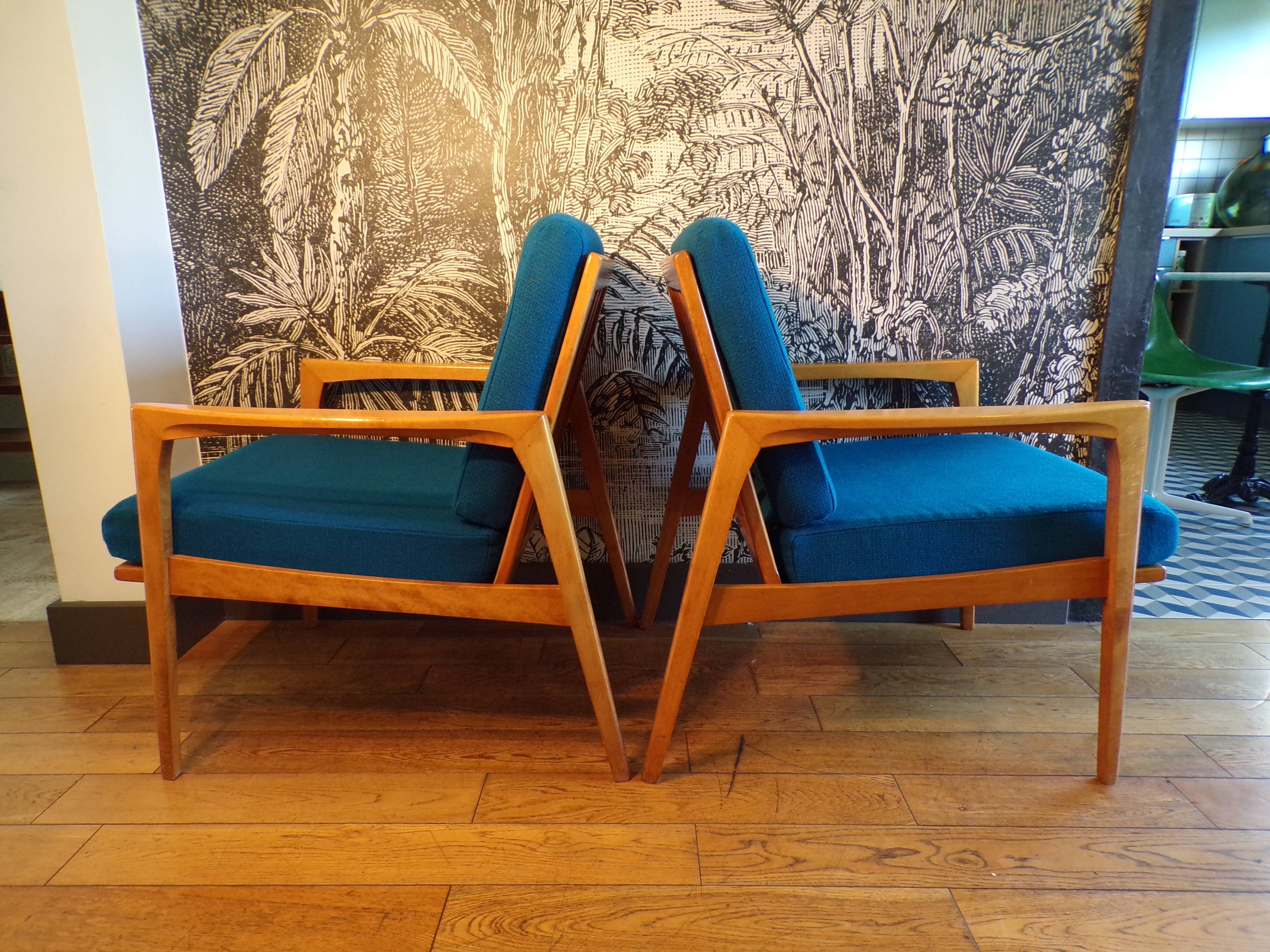 Pair of blue jersey Scandinavian armchairs