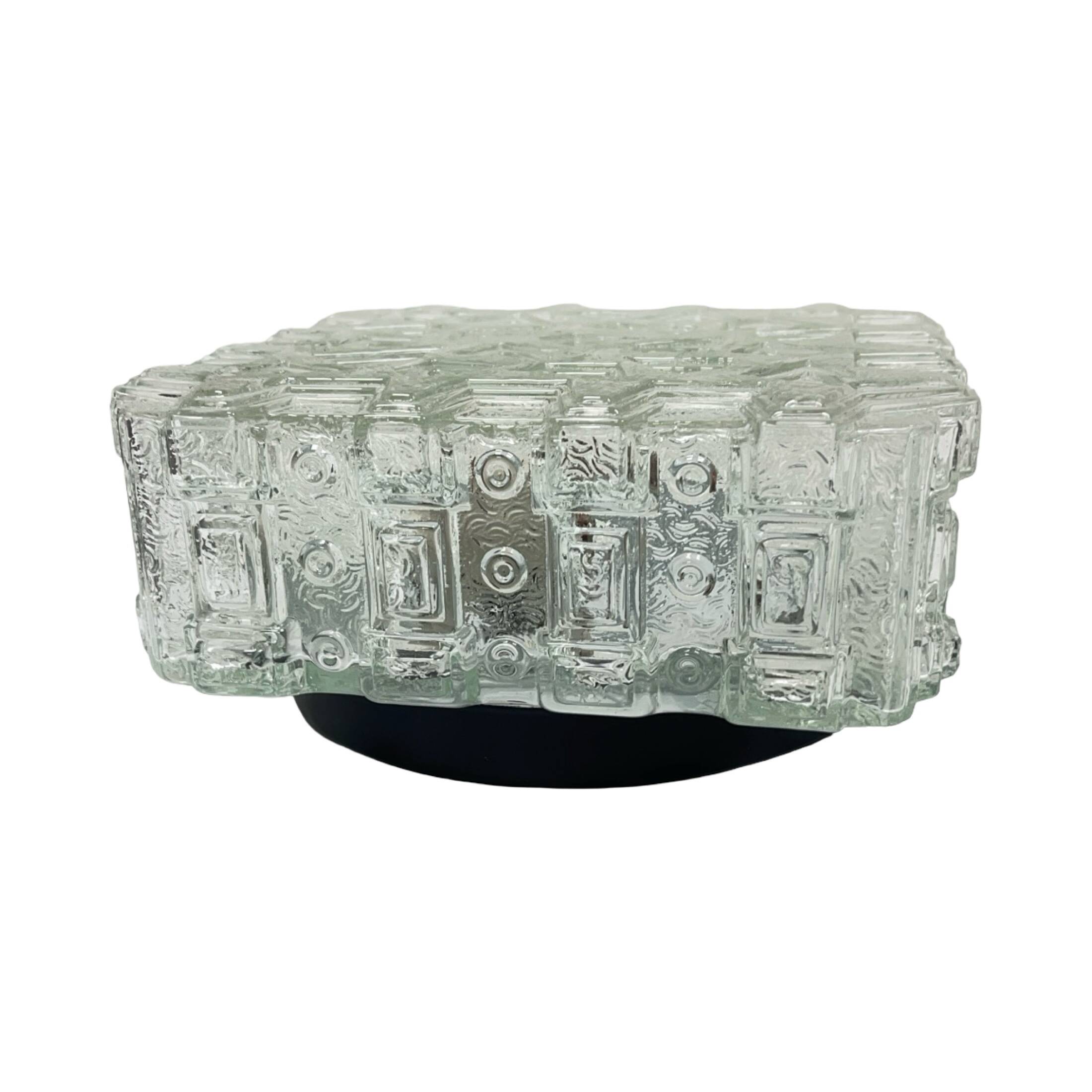 1970s square Hillebrand ceiling light made of thick pressed glass.