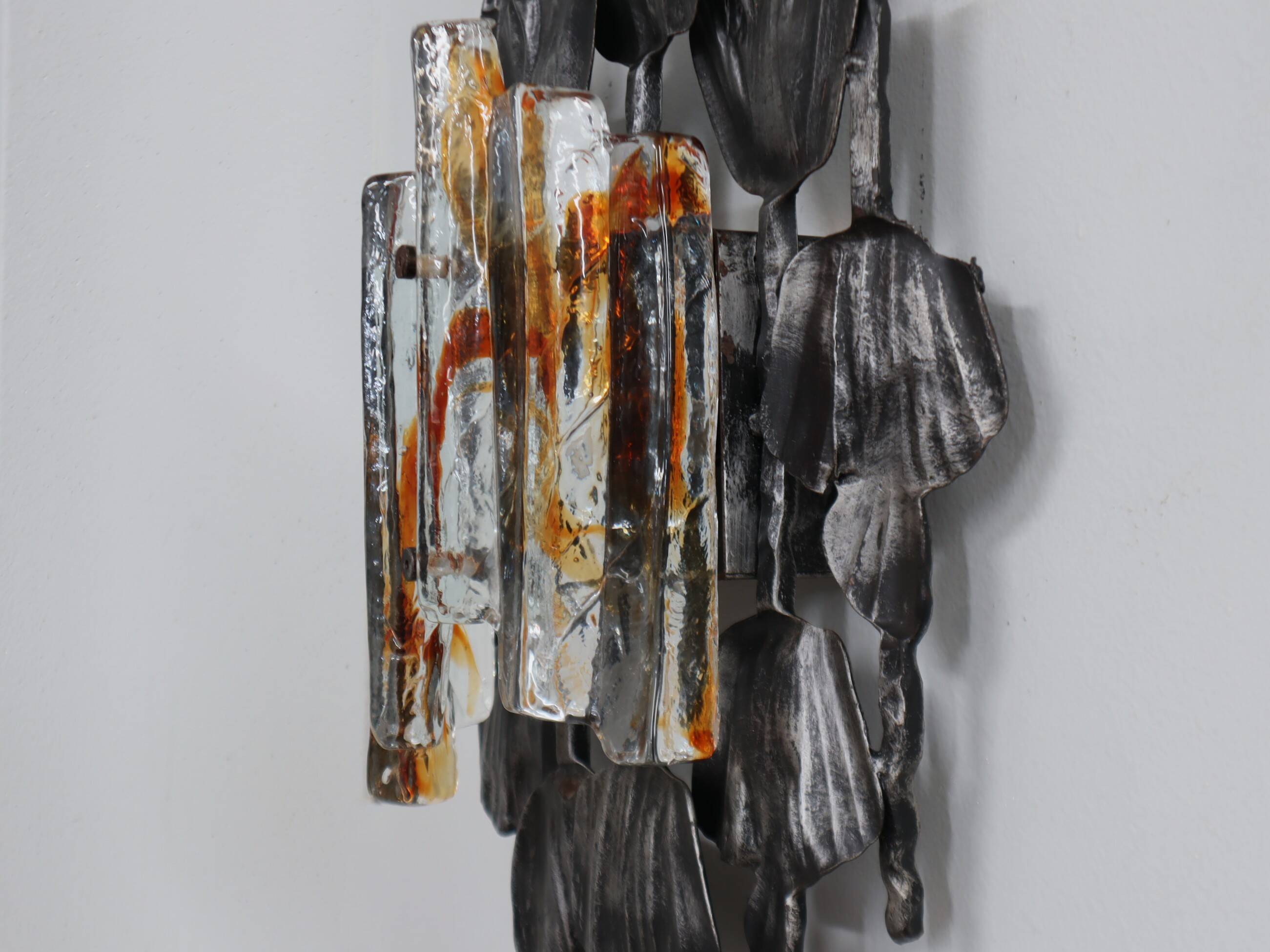 Set of 3 Brutalist Murano glass strips sconces / wall lamps Italy 1970s