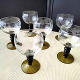 6 Alsace white wine glasses with engraved grape cluster decoration