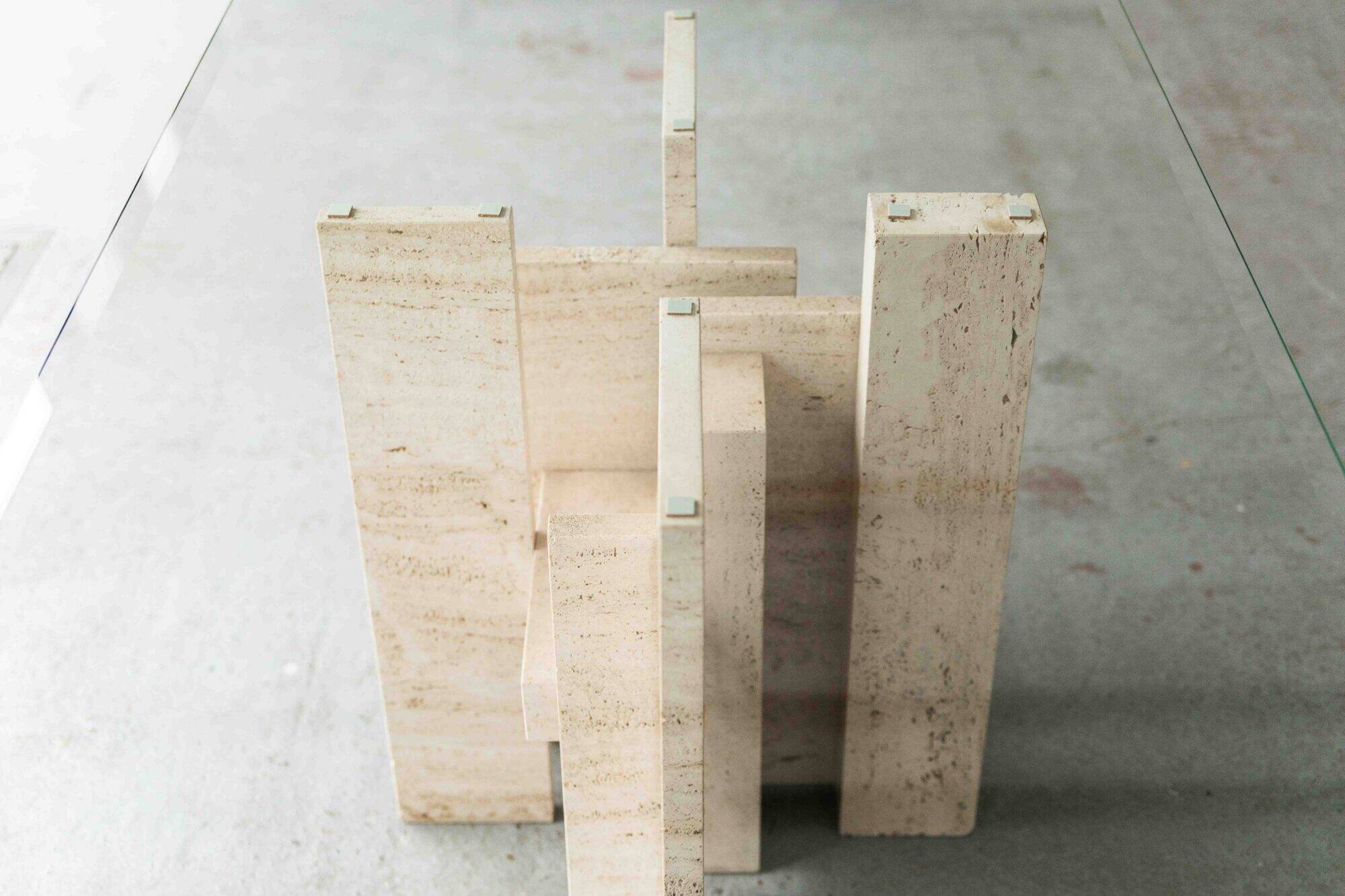 Glass & travertine dining table by Willy Ballez