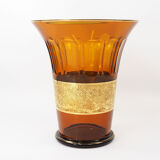 Art Deco Moser Karlsbad Large Amber Glass Vase with Oroplastic Frieze