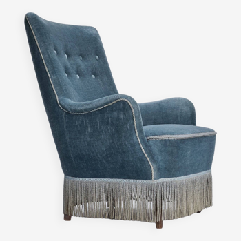 Années 1960, fauteuil danois, revêtement d'origine en bon état, velours bleu clair.