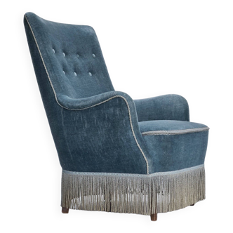Années 1960, fauteuil danois, revêtement d'origine en bon état, velours bleu clair.