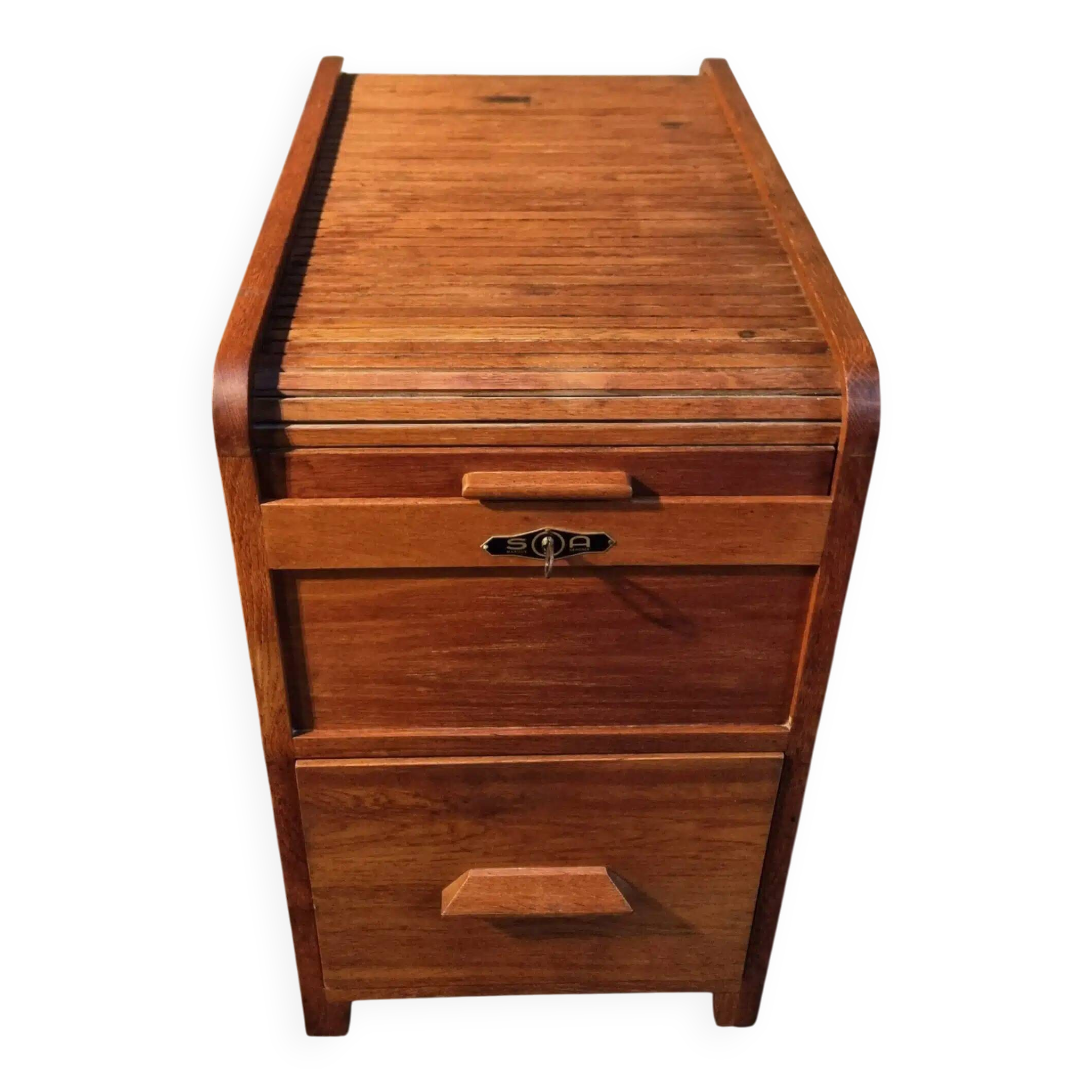 Vintage French oak office rolling cabinet with tambour door, 1950s.