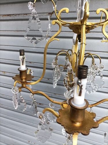 Rare antique cage chandelier in gilded bronze and crystal, 4 lights / WORKING CONDITION GAU?