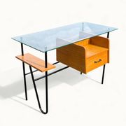 Bureau moderniste – Azzano Frères – dlg Jacques Hitier – Chêne, verre et fe