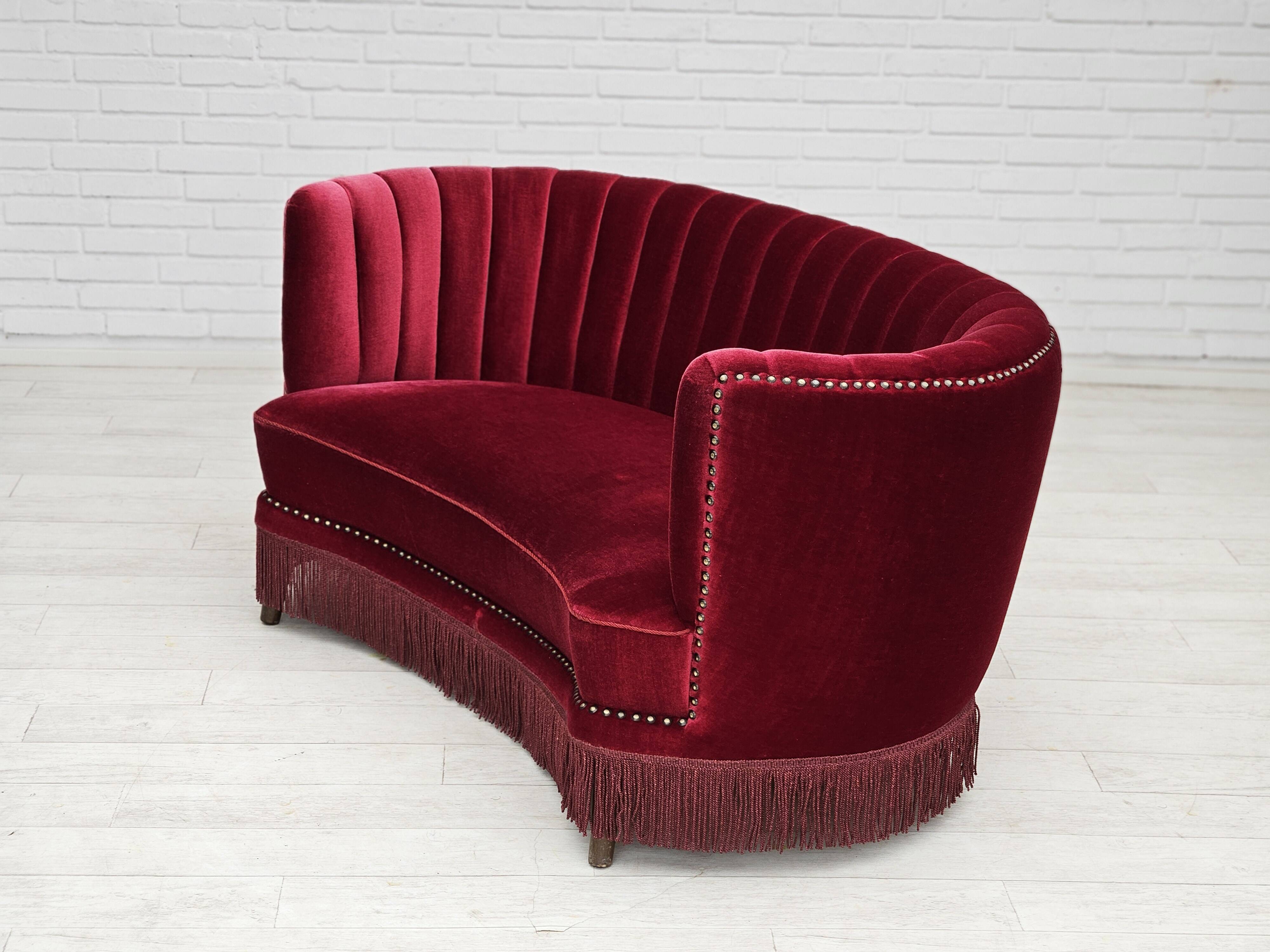 1970s, Danish 2-seater "Banana" sofa, original cherry-red velour.