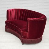 1970s, Danish 2-seater "Banana" sofa, original cherry-red velour.