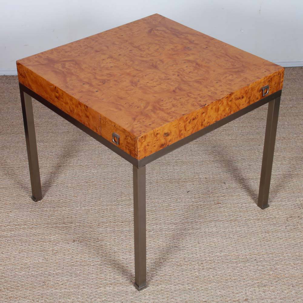 Table à jeu en loupe de bois par Guy Lefevre pour Maison Jansen, 1970
