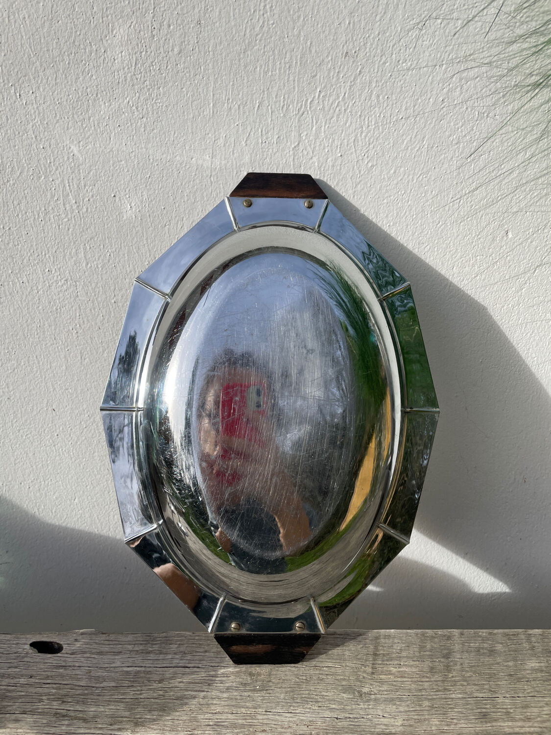 Art Deco silver-plated metal and wood dish