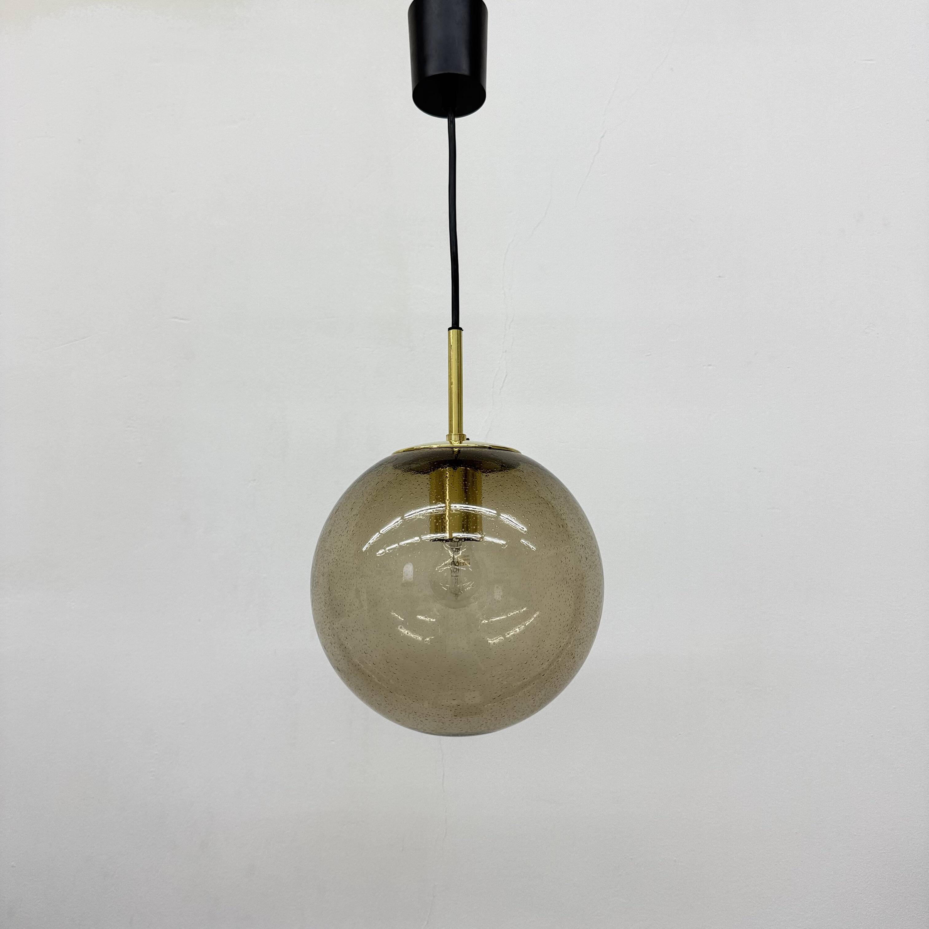 Limburg Glashütte brass smoked glass ball pendant hanging lamp , 1970s