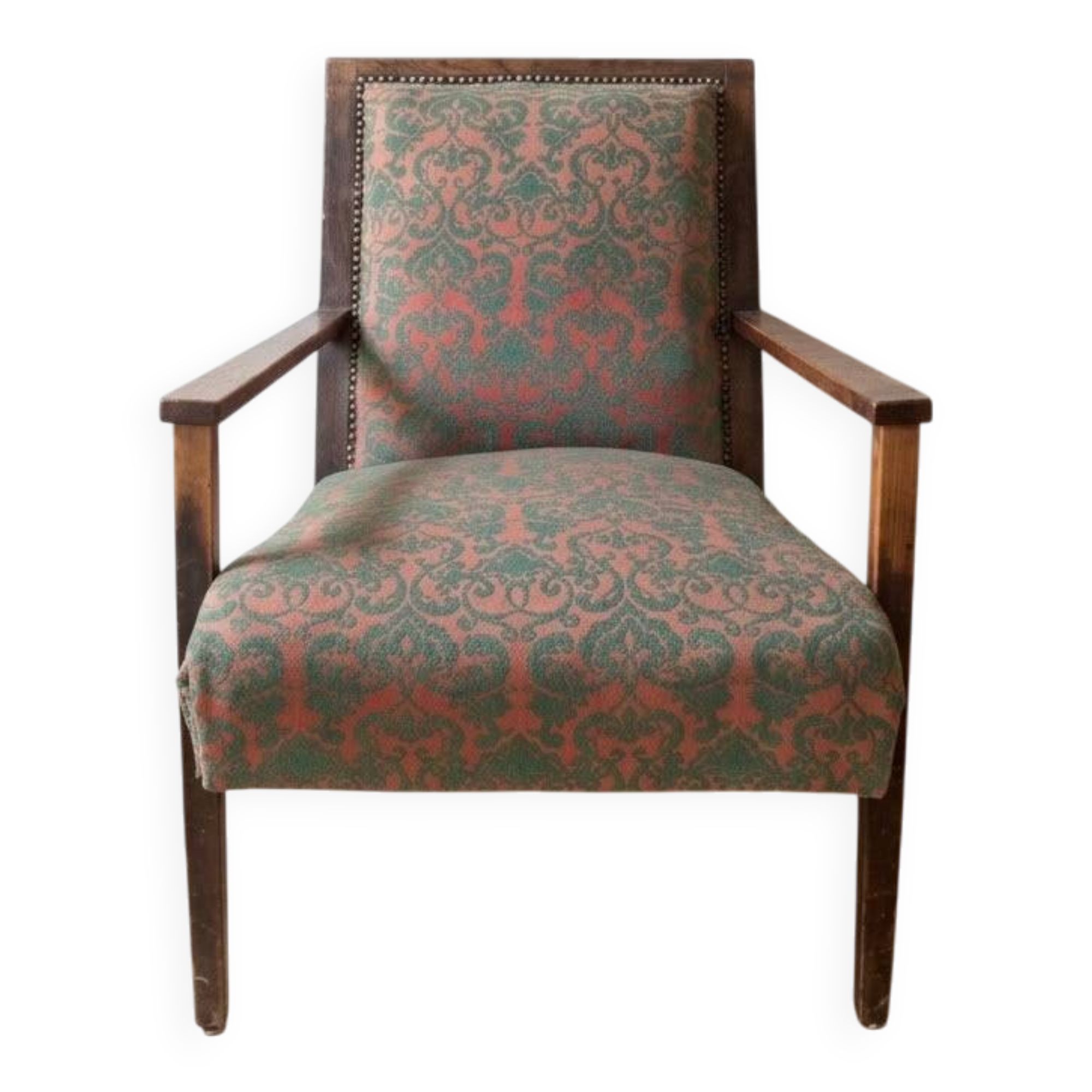 Fauteuil Ancien en Bois Massif et Tissu Rouge et Vert