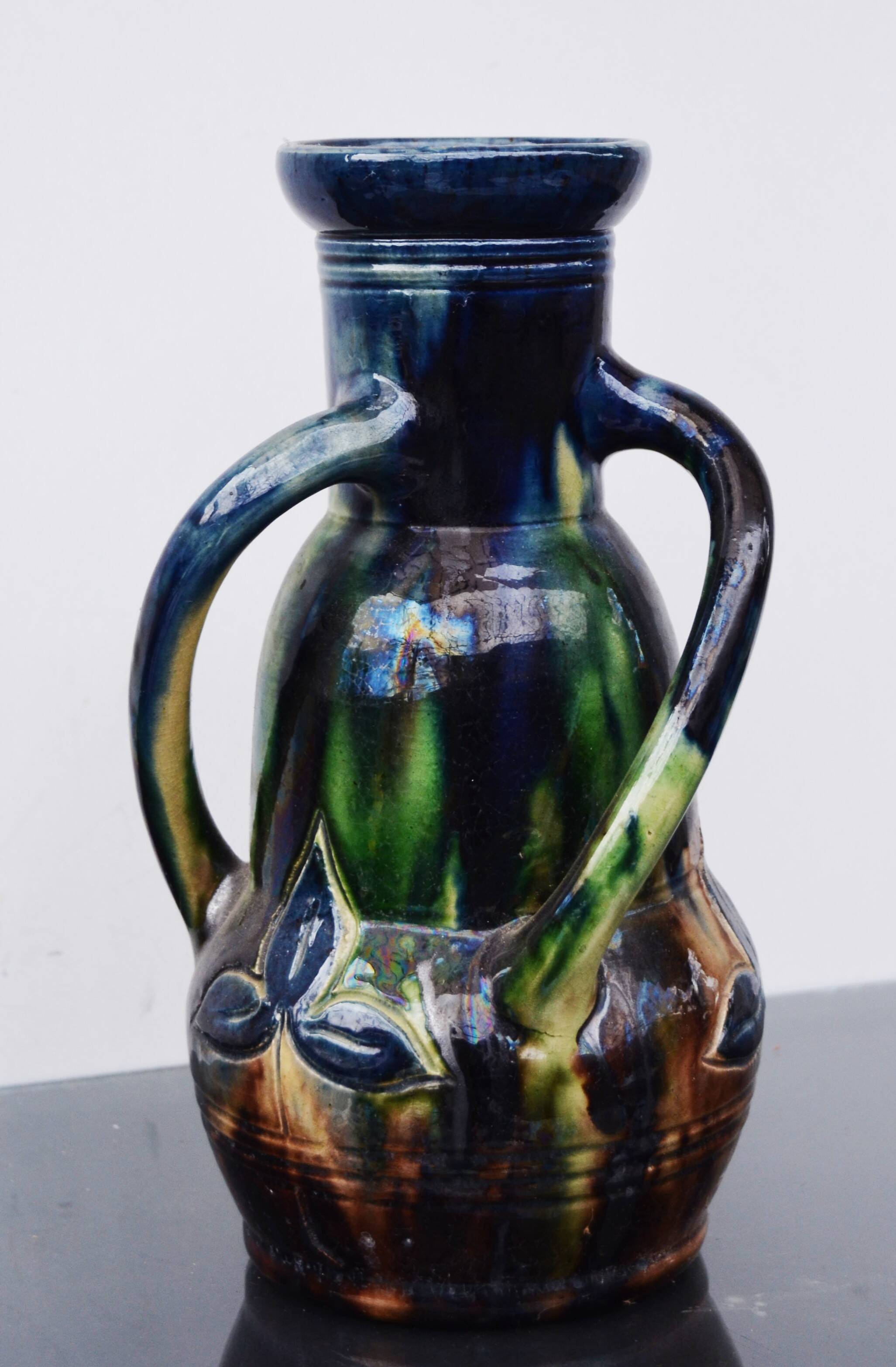Art Nouveau Mini Vase Drip Glaze Faienceries Belgium with 3 Twisted Handles