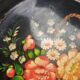 Black metal round top and vintage hand-painted flowers