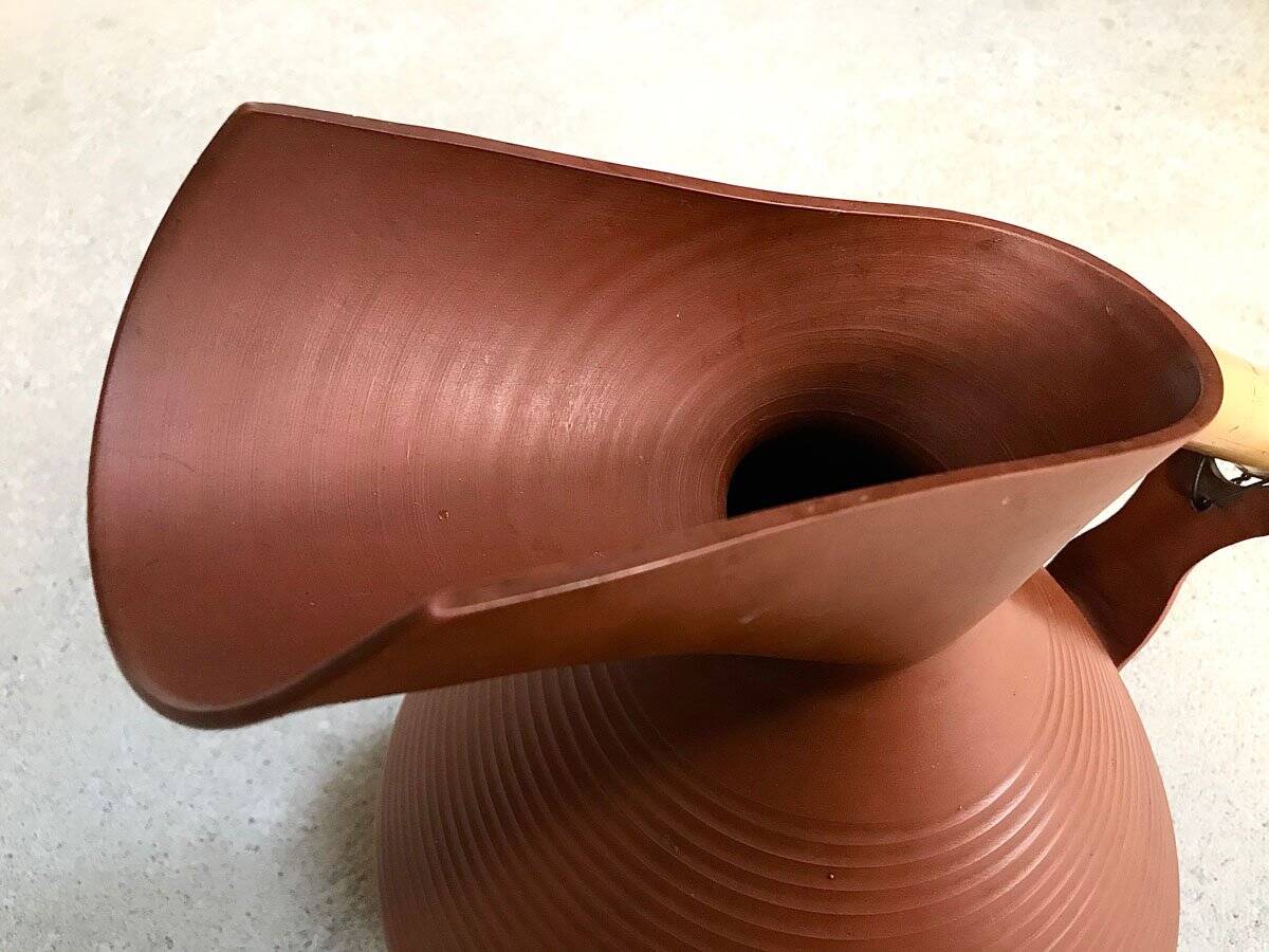 Studio pottery jug floor vase in terracotta and bamboo handle Germany 1950s