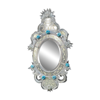 Colorless and Blue Murano Glass Venetian Mirror