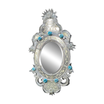 Colorless and Blue Murano Glass Venetian Mirror