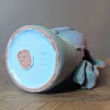 Brutalist jug numbered 52 in turquoise and blue painted terracotta