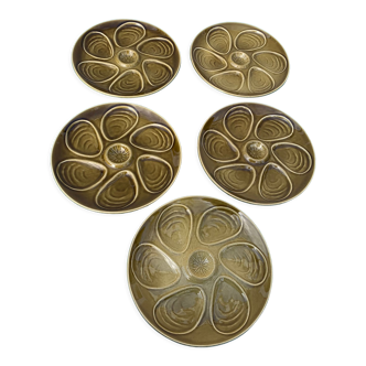 5 plates of salt oysters france in glazed ceramic splurry green khaki vintage