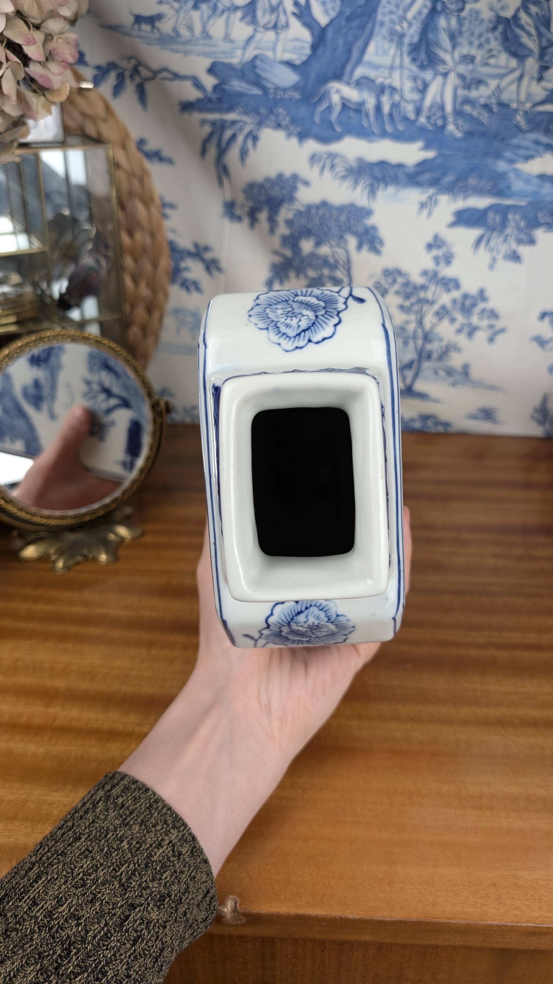 Rectangular Hue Blue Vase Vietnamese Landscape Decor 20th Century