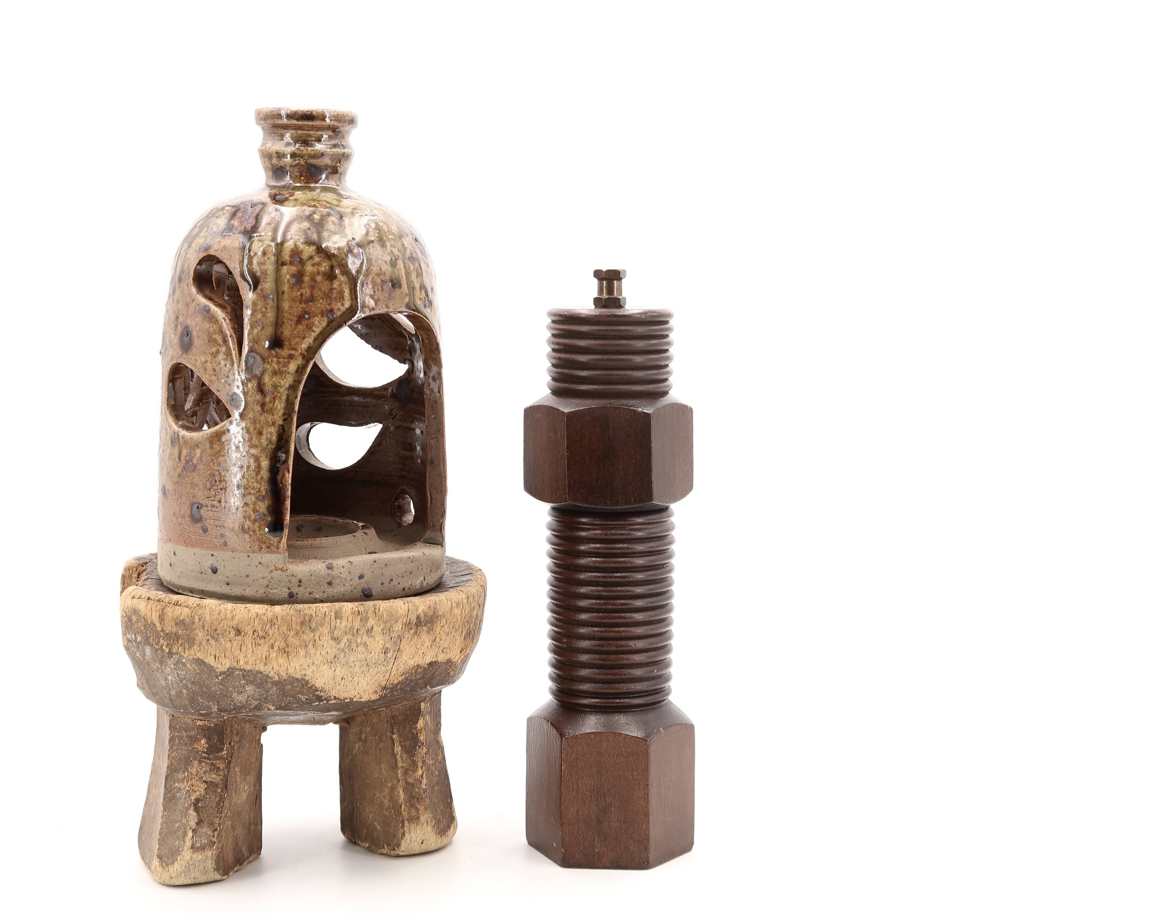 Wooden pepper mill in mechanical style, 1970s