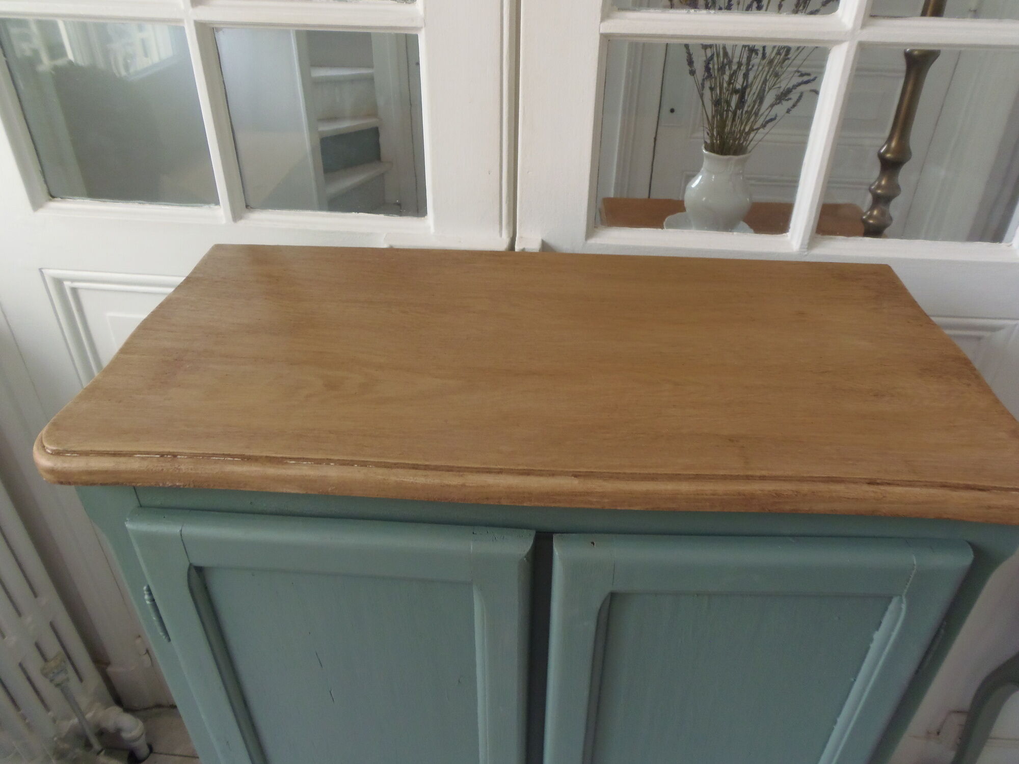 Vintage shoe cabinet smoked green wax finish, wooden top.