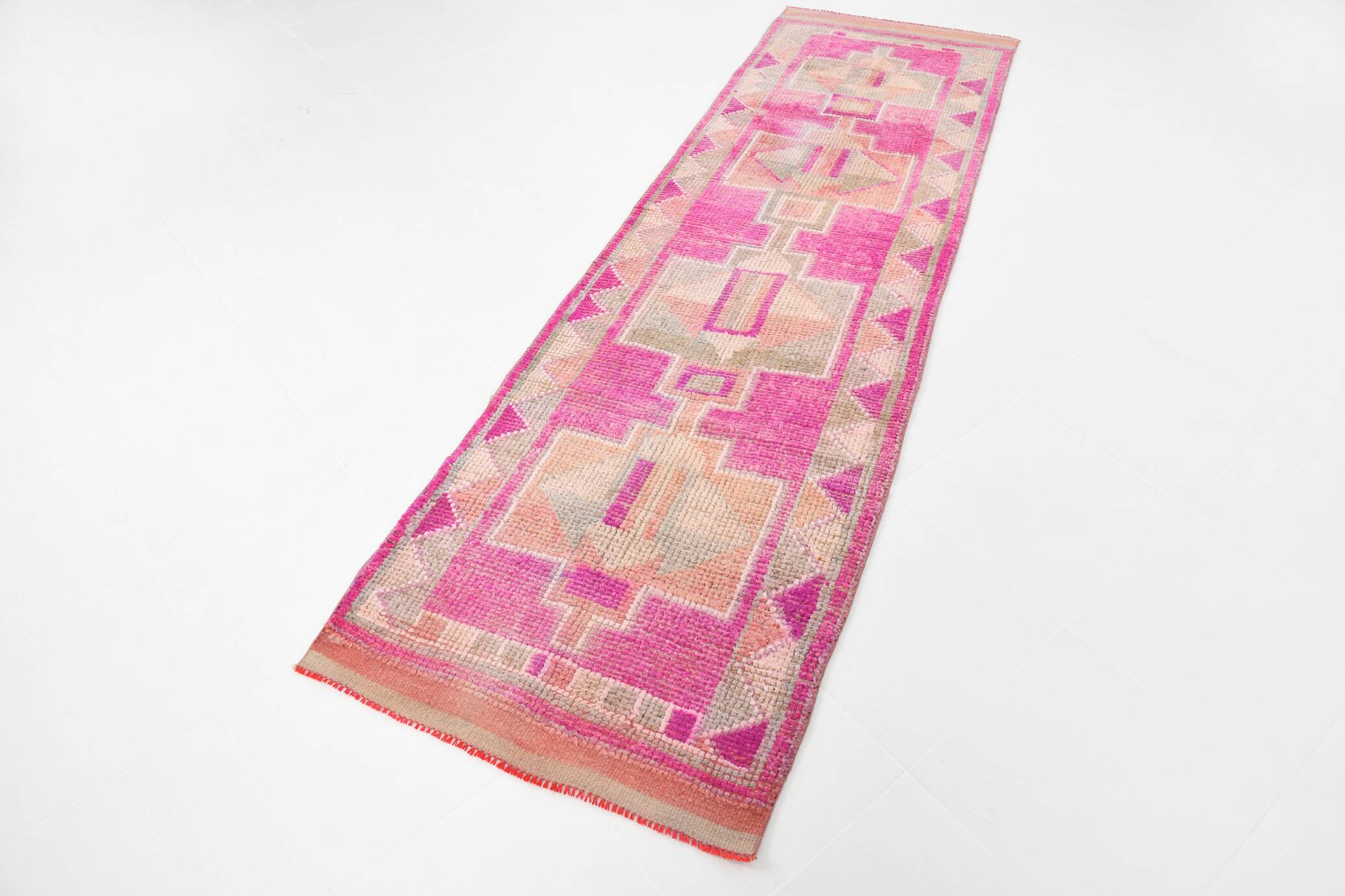 Faded Pink Geometric Style Vintage Runner Rug, Rug For Kitchen, 87x302