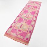 Faded Pink Geometric Style Vintage Runner Rug, Rug For Kitchen, 87x302