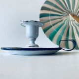 Antique candle holder in white and blue enamelled metal