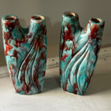 Vintage pair of turquoise and red ceramic candlesticks