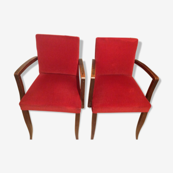 Lot de deux fauteuils velours rouge et bois