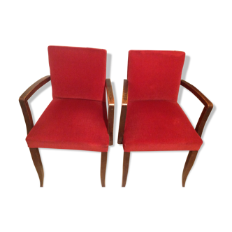 Set of two red velvet chairs and wood