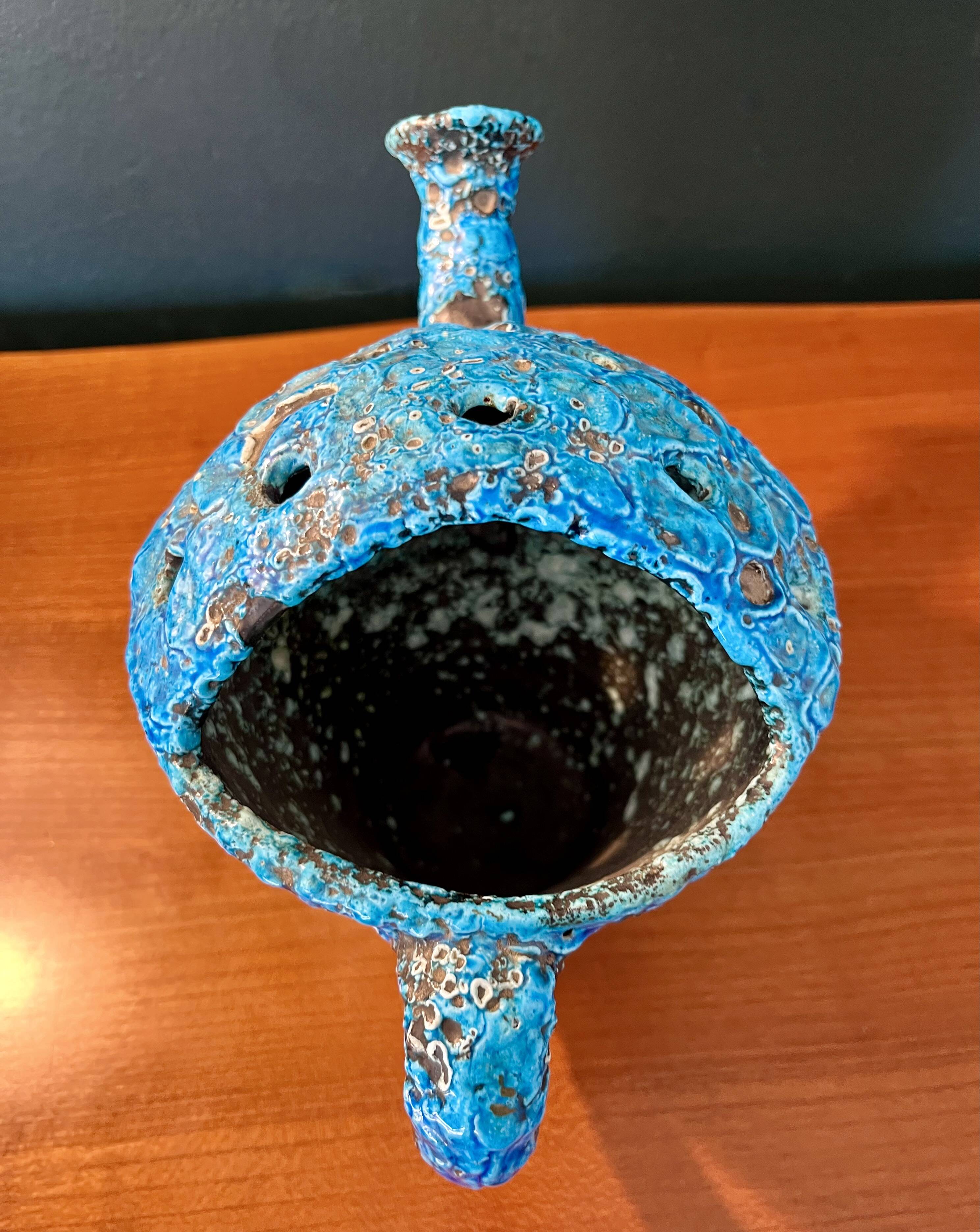 2 vases by charles cart in turquoise blue fat lava cyclops, 1960s, glacier enamels cyclops