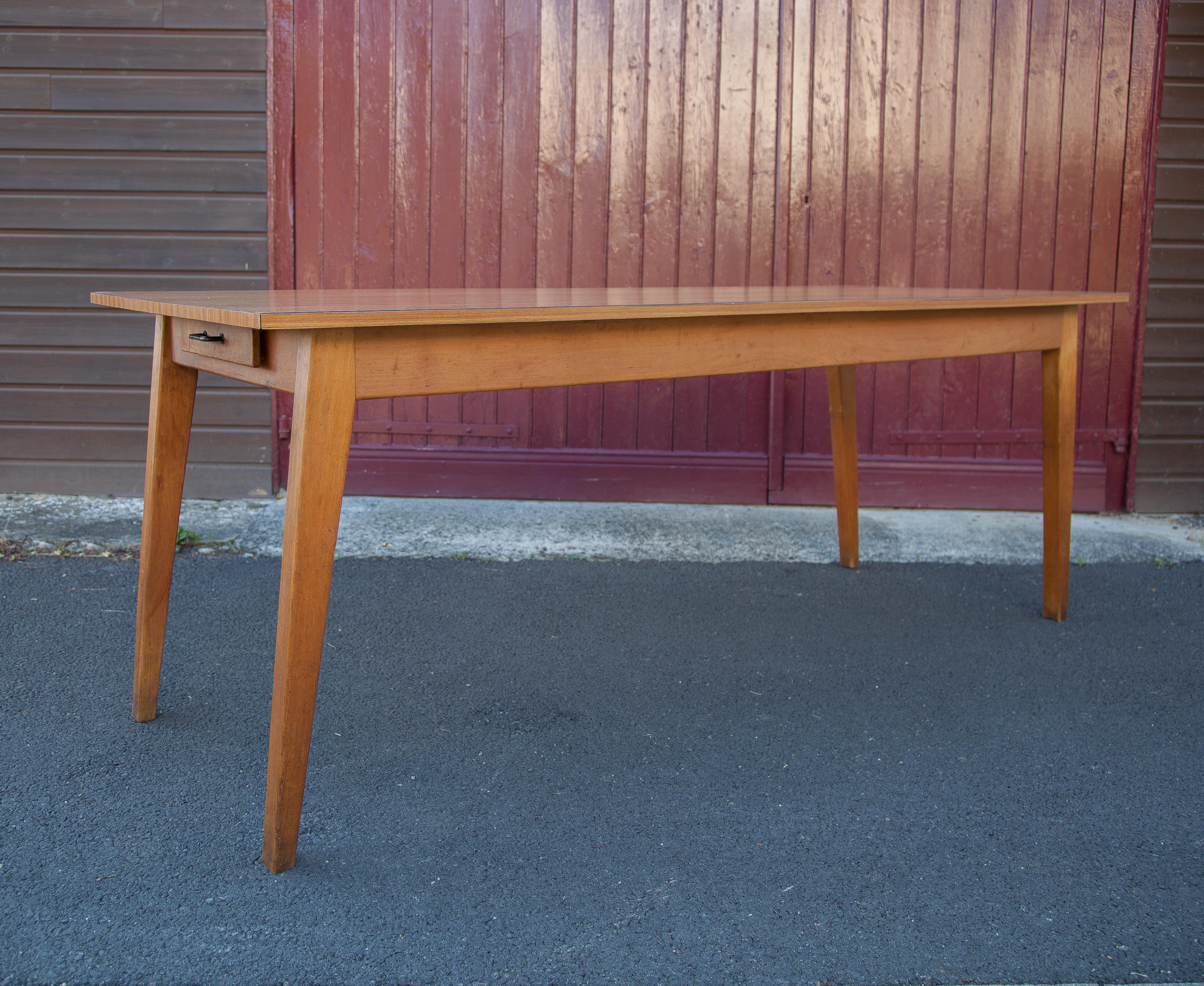 Antique dining table, wooden table and formica tray