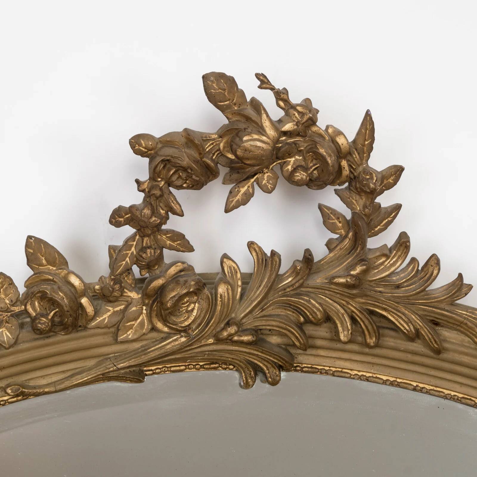 19th C antique French Louis XVI mirror with leave crest