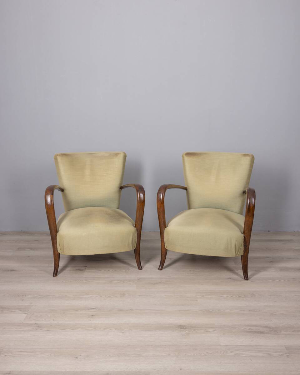 PAIR OF VINTAGE 1940S ARMCHAIRS IN WOOD AND FABRIC, ITALIAN DESIGN